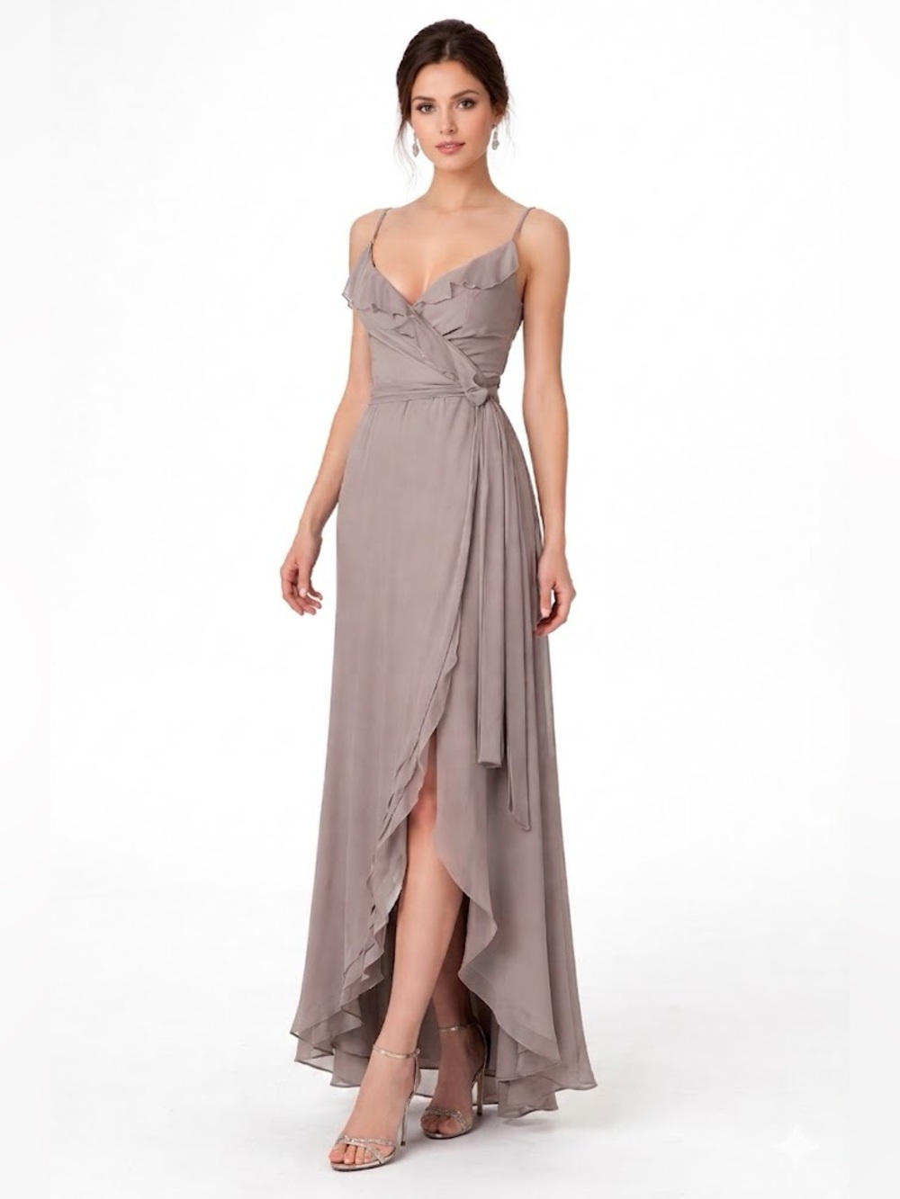 Joanna August Gray Wrap Silk Maxi Dress Ruffle Wedding Bridesmaids Victorian Xs